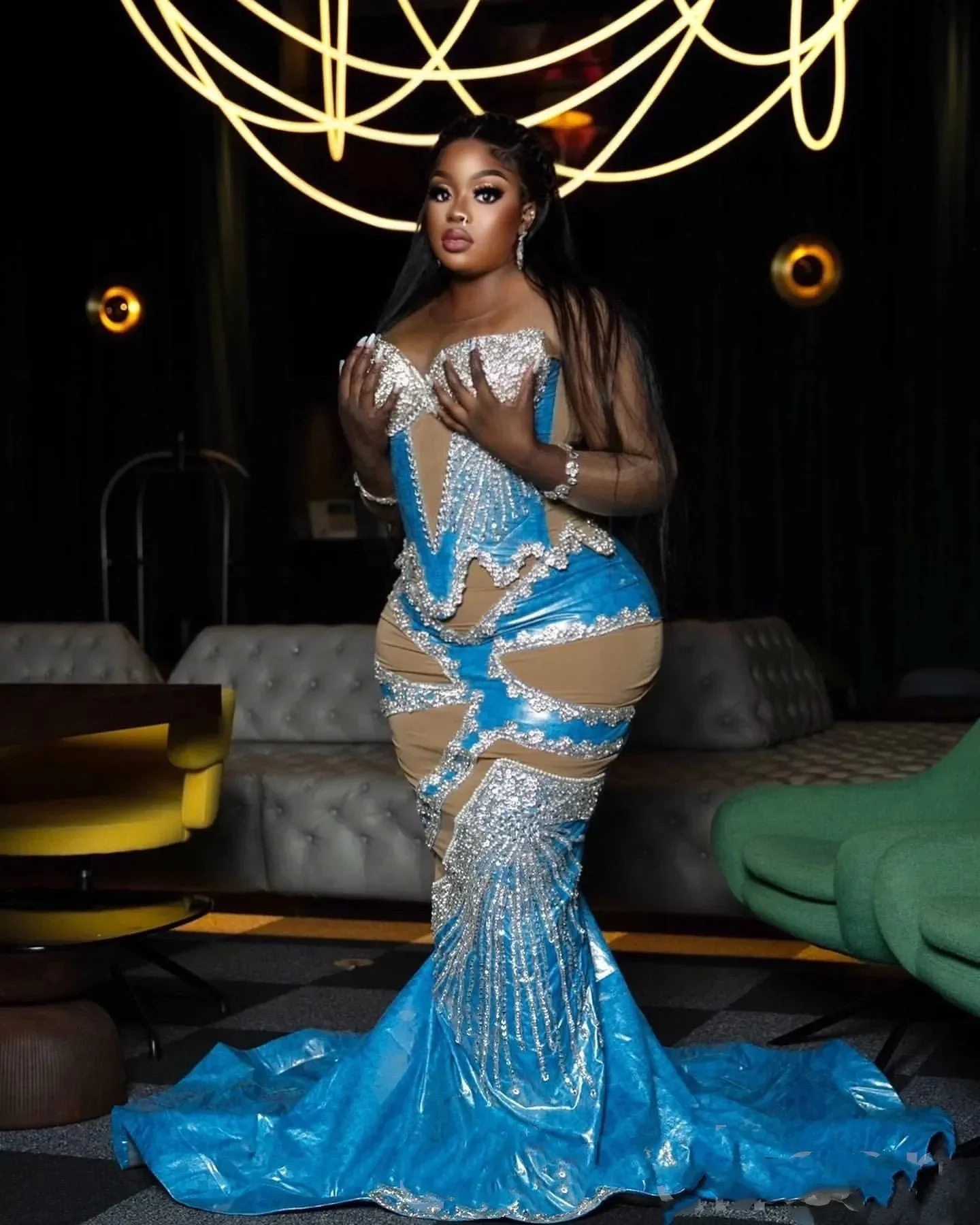 Strass kralen illusie elegante avond formeel feest tweede receptie verjaardag Go Aso Ebi hemelsblauwe zeemeermin galajurk