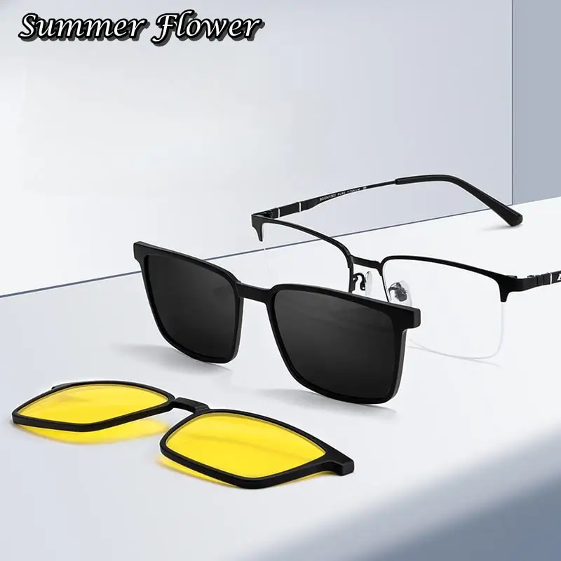 

Men Clip On Glasses Frame Sunglasses for Day and Night Driving Fishing Titanium Optical Glass UV400 Anti Glare Lenses for Male