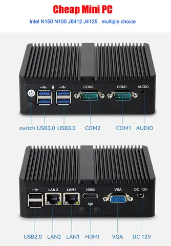 Fanless Industrial Mini PC J6412 J4125 12th Gen N100 N150 2*LAN RS232 HD VGA Win10/11 Linux Ubuntu WIFI Desktop Computer Home PC