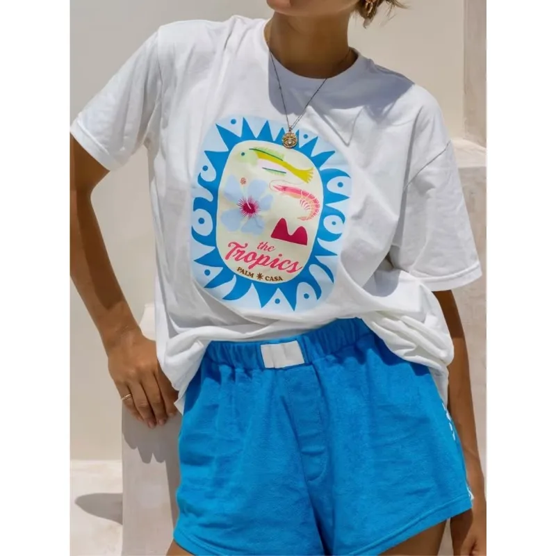 Letter Sea Turtle Print T-Shirt Ocean Sea Turtle Coral Graphic Women's Oversized Crew Neck Casual Tee for Summer Daily Wear