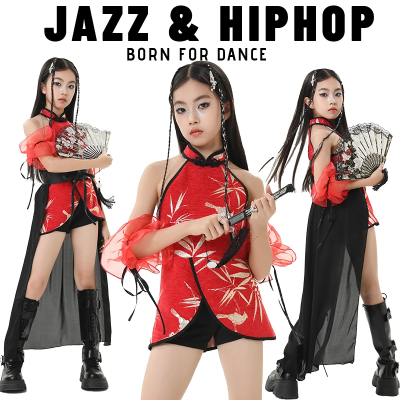 

Костюмы для современного танца в китайском стиле, джаз, 2024, красные наряды для девочек, танцевальная сцена в стиле хип-хоп, одежда для рейва, XH3677