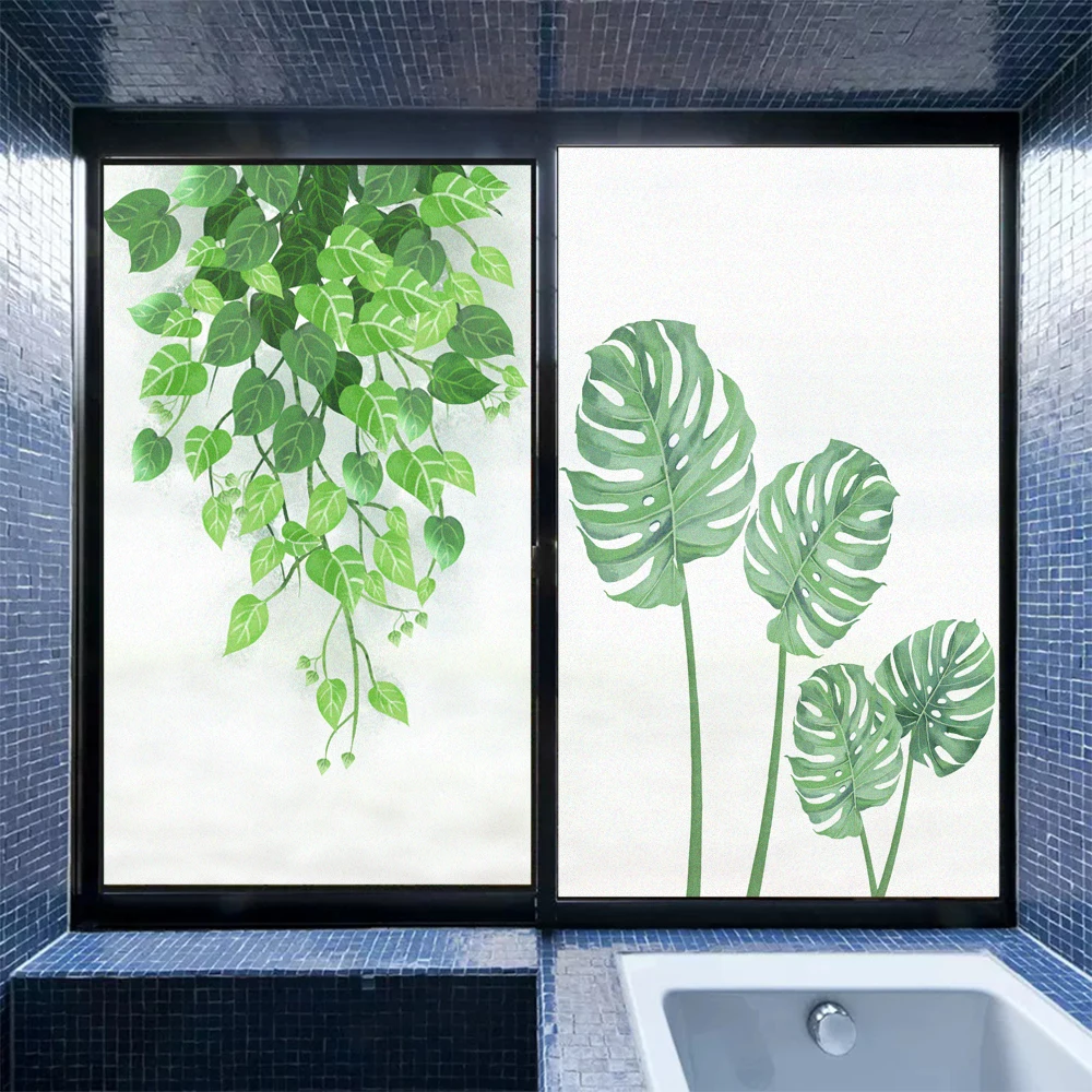 

PVC Glass Window Privacy Film Greenery Pattern Frosted Sliding Glass Door Film Non-Glue Static Clings Glass Window Stickers