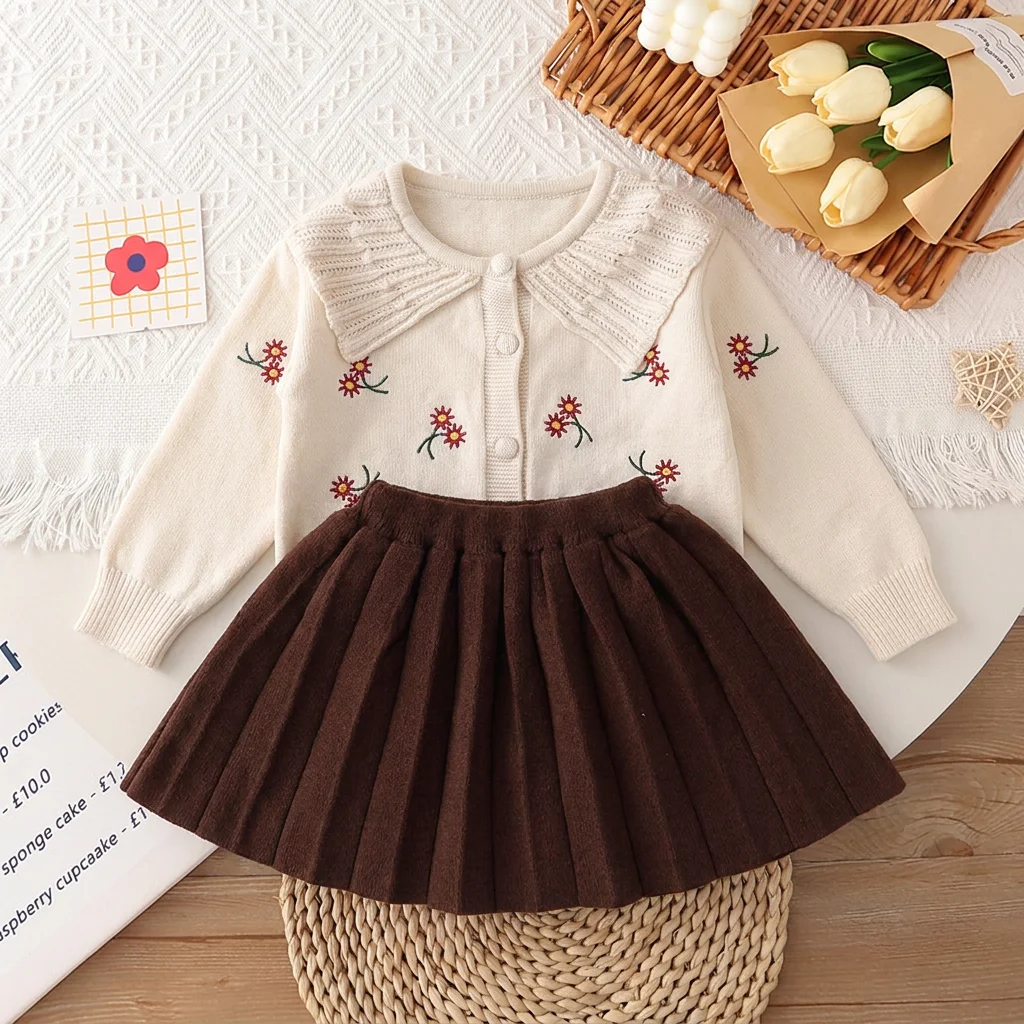 Mädchen-Strickanzug mit Kragen, Blumenbesticktem Pullover und Plissiertem Rock, Zweiteiliges Set, Herbst- und Winterneuheit