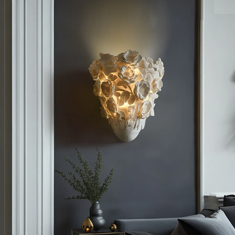French ivory white vase shaped wall lamp, exquisitely romantic carved flower resin wall lamp, for bedrooms, living rooms ZY665MP