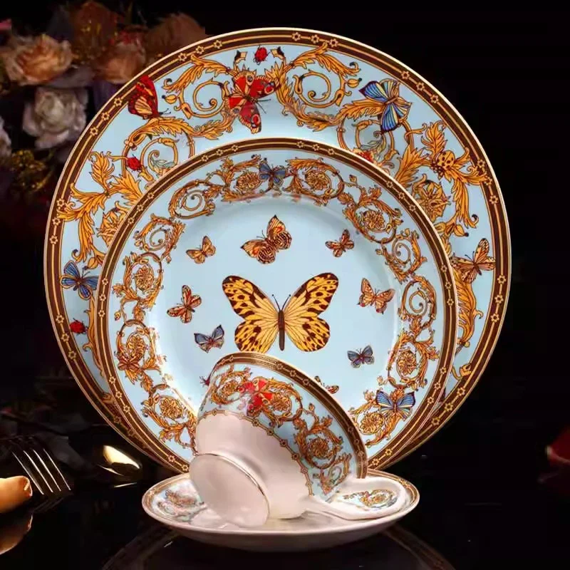 4 pcs /set Bone China Western Food Plates Coffee Cup Saucer Set Luxury Dinner Tableware Steak Cups And Saucers Kit