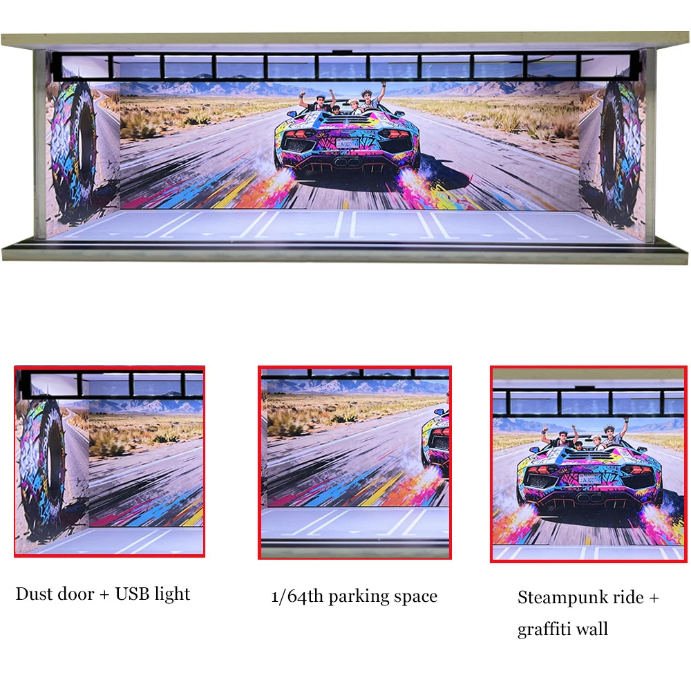 

1:64 Scale LED Light Miniatures Car Garage Diorama Display Model Parking Lot Collectible Gift for Car Model Enthusiasts Box