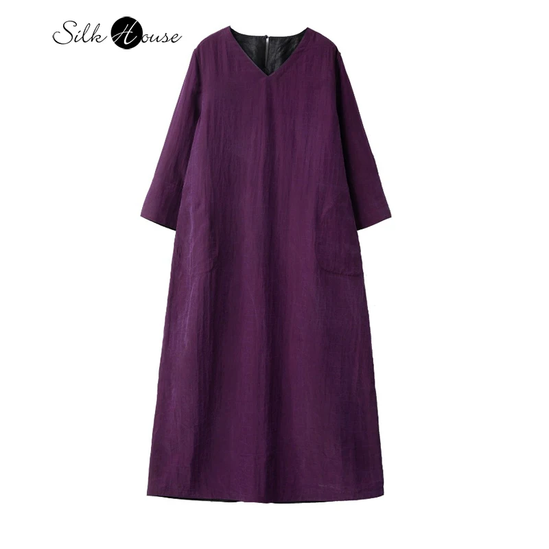 

Double Sided 100% Natural Mulberry Silk Gambiered Guangdong Gauze Turtle Cracked Chinese Style V-neck Long Sleeved Dress