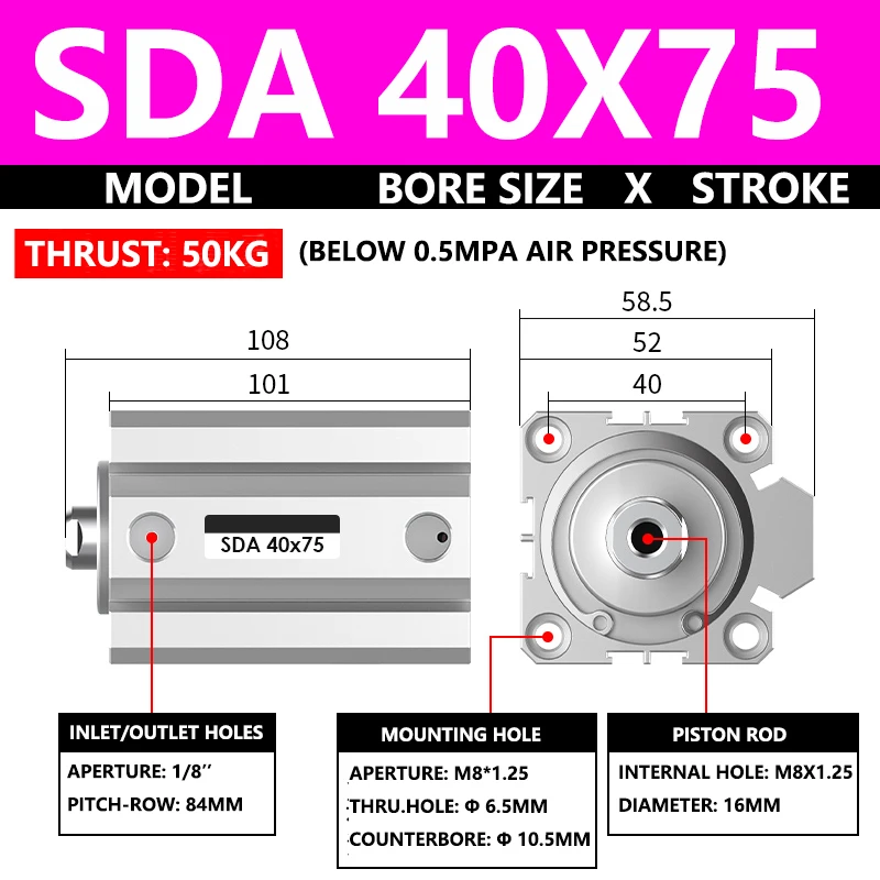 ABILKEEN SDA40X75 SDA Series Thin Air Cylinder 40MM Female Thread Bore X 75MM Stroke Double Acting Pneumatic Compact Cylinder
