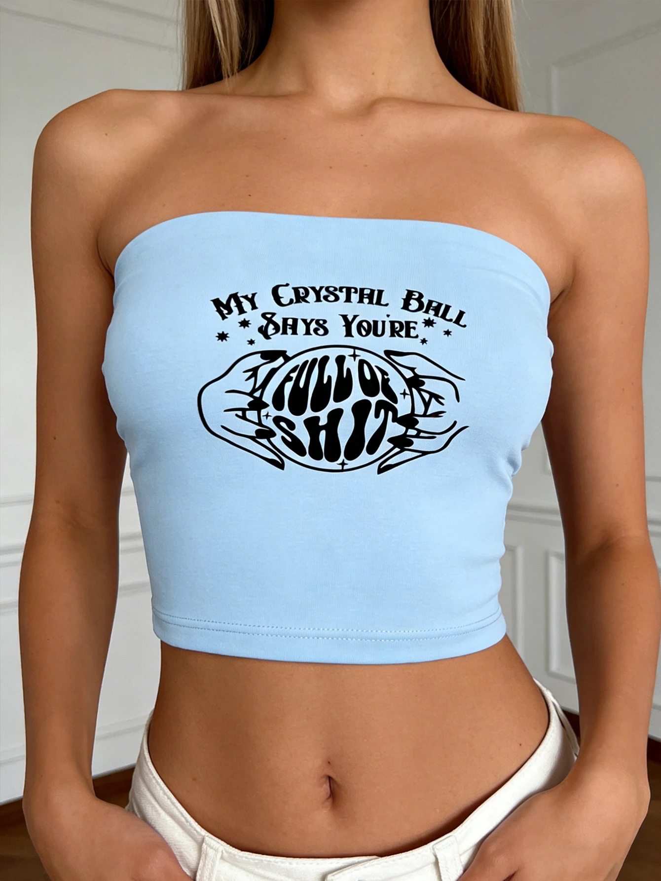 Crystal Ball Pattern Printed Women's Casual Tight and Sexy Strapless Top, Suitable for Spring and Summer Seasons