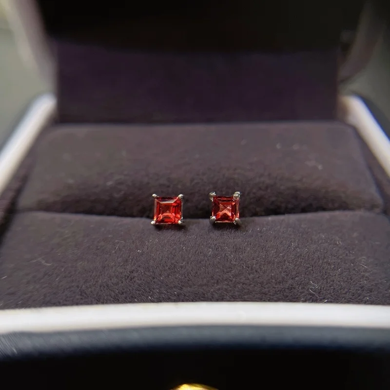 Natural Garnet Earring Studs with Square Stone Size of 3*3mm and S925 Sterling Silver for Women Classic Daily Wear Jewelry Gifts