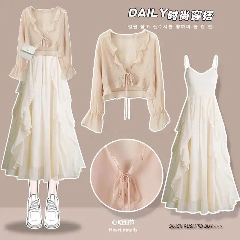 Summer Chic Two Piece Dress Set Women Sunscreen Top+Strap Dress Set Female Casual Fashion Dress Suit Plus Size 4XL