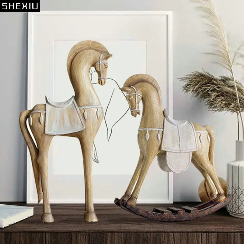 

Imitation Wood Horse Statue Resin Crafts Ornaments Creative Horse Artwork Desk Decoration Animal Sculpture Modern Home Decor