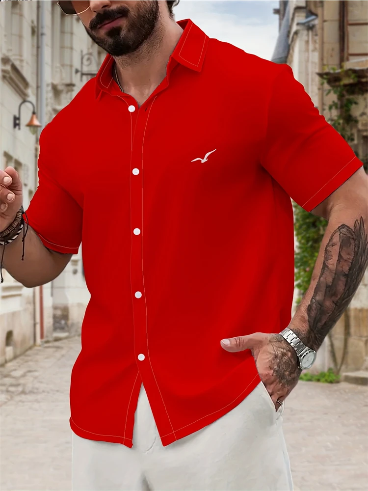 

Мужская повседневная рубашка на пуговицах с короткими рукавами и узором «Чайка», красная повседневная одежда, универсальный топ, современный дизайн и модный топ