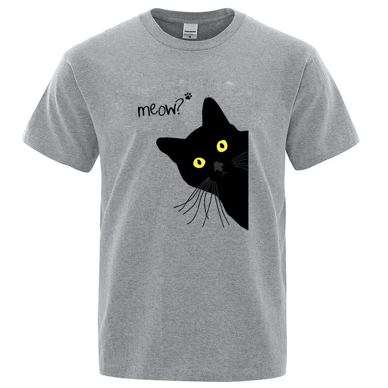 Meow Black Cat Funny Printing Men T-Shirts Tees Clothes Summer Streetwear Tops Male High Quality Loose Cotton Short Sleeve