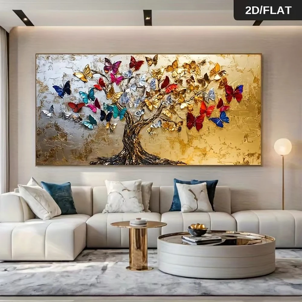 2D/FLAT Frameless Golden Tree Multicolor Butterflies Canvas Painting Wall Art Vibrant Abstract Trees Poster Print Large Decor