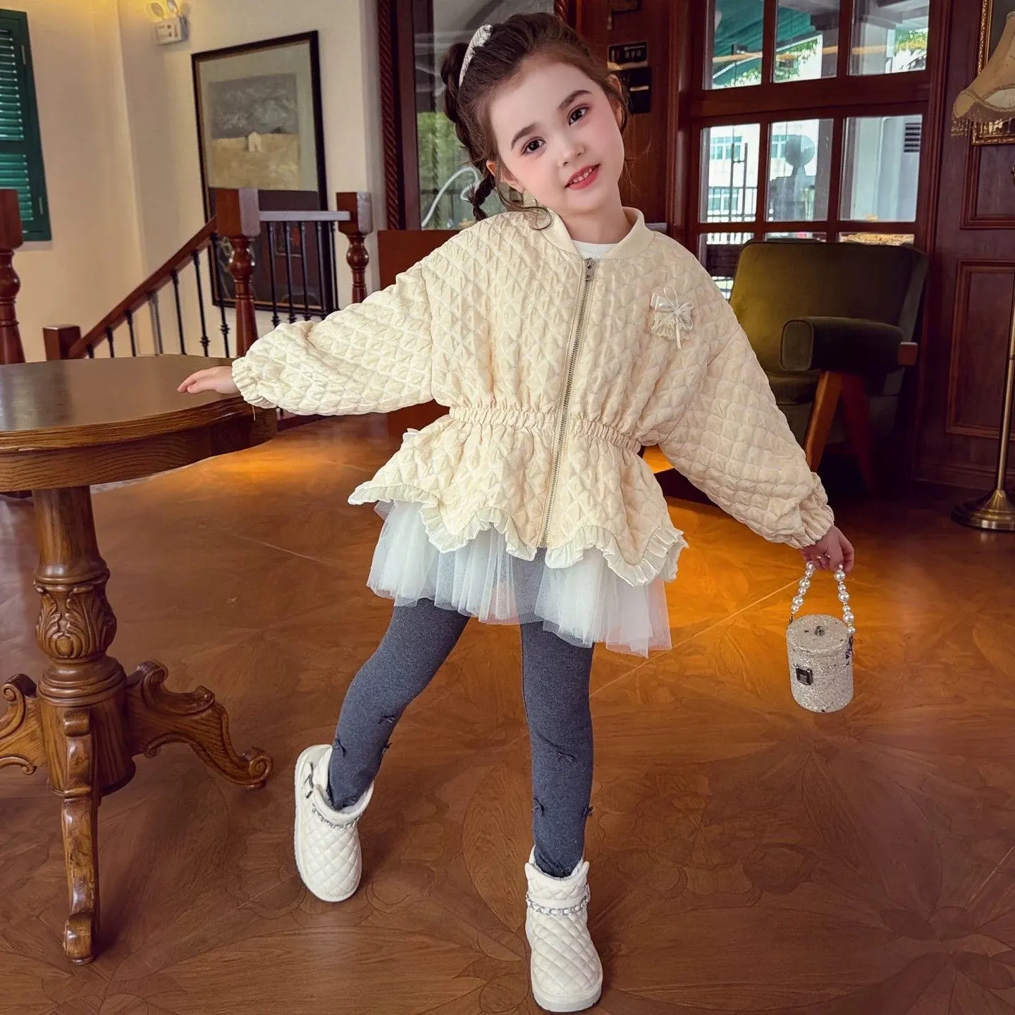 Spring and Autumn Girls' Thick Coat New Children's Mesh Splicing Waist Jacket with Thick Velvet Top