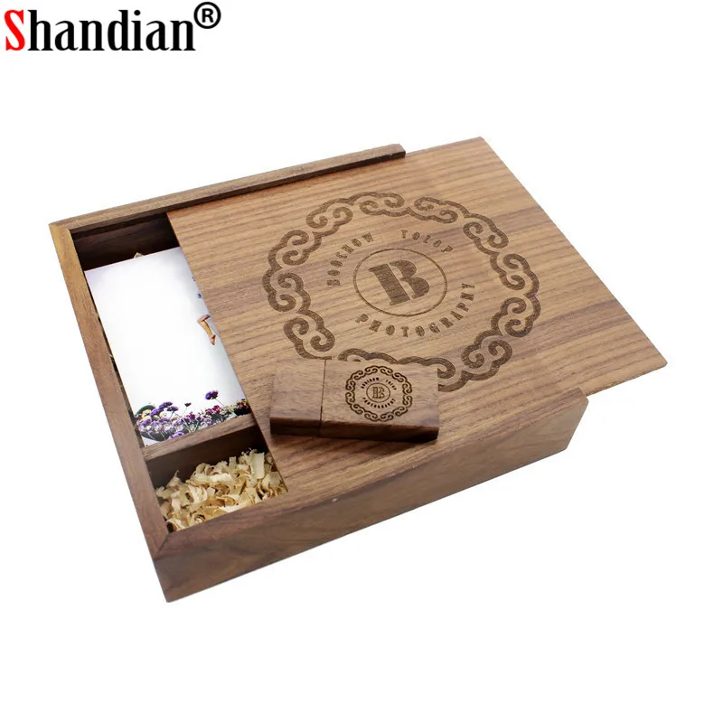 SHANDIAN(Free logo ) Wooden Photo Album Box USB 2.0 Pendrive 4GB 16GB 62GB 64GB DIY Engraved Logo Wedding Memory 170*170*35mm