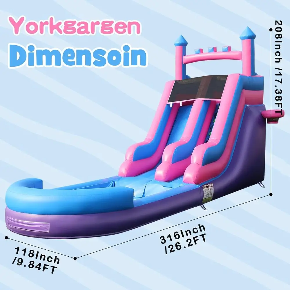 26FT Iatable waterglijbaan voor kinderen, PVC commerciële waterglijbaan met splashpool, 4-in-1 waterglijbaan met klimmen en mand