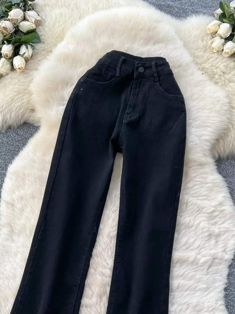 Design sense Korean version high waisted denim micro flared pants women in spring slimming versatile straight leg pants
