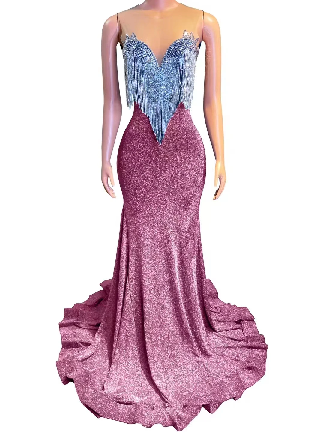 Langtao Sand Multi Color Velvet Diamond ChairV-Neck Tight Sexy Tail Dress Banquet High EndNightclub Bar Performance A512