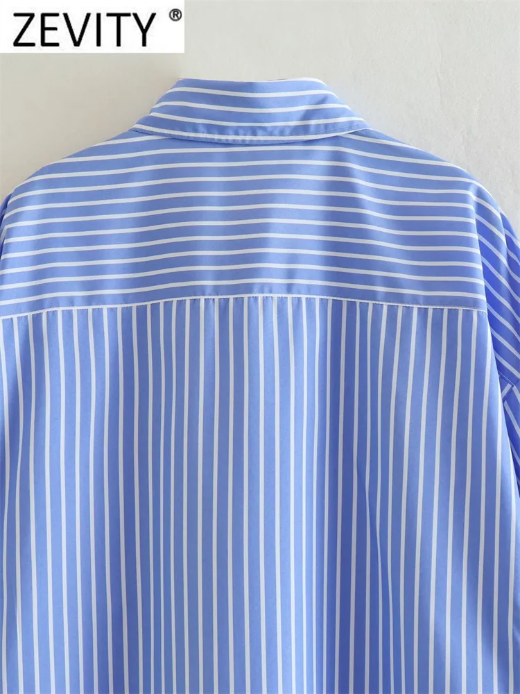 Zevity Women Fashion White Blue Striped Print Loose Shirt Office Lady Double Pocket Patch Smock Blouse Roupas Chic Tops LS3468