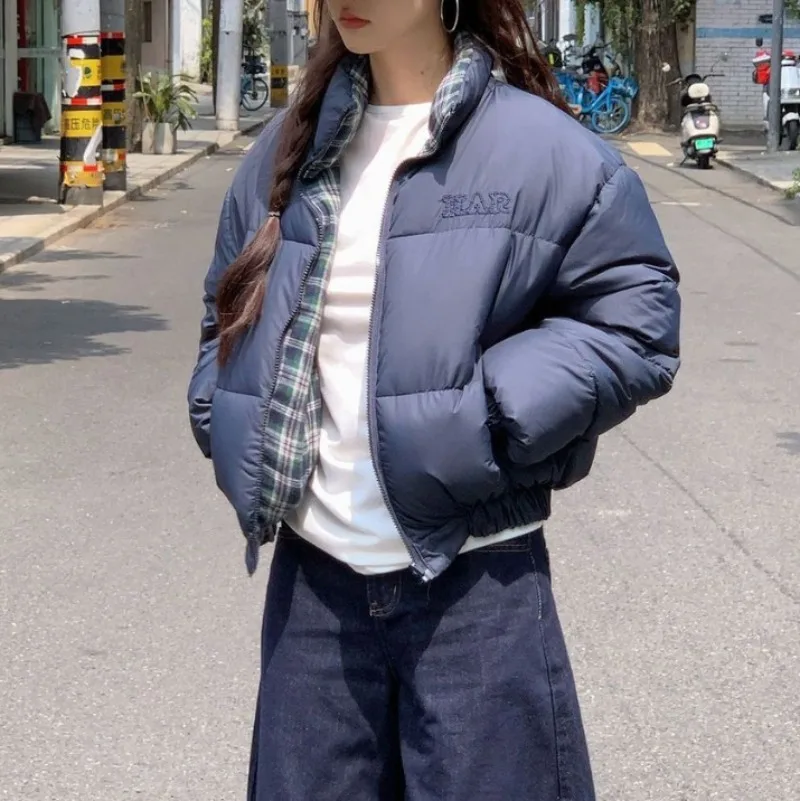 

Stand Collar Short Cotton Padded Jacket Women Autumn Winter American New Versatile Reversible Parkas Black Warm Bread Coats