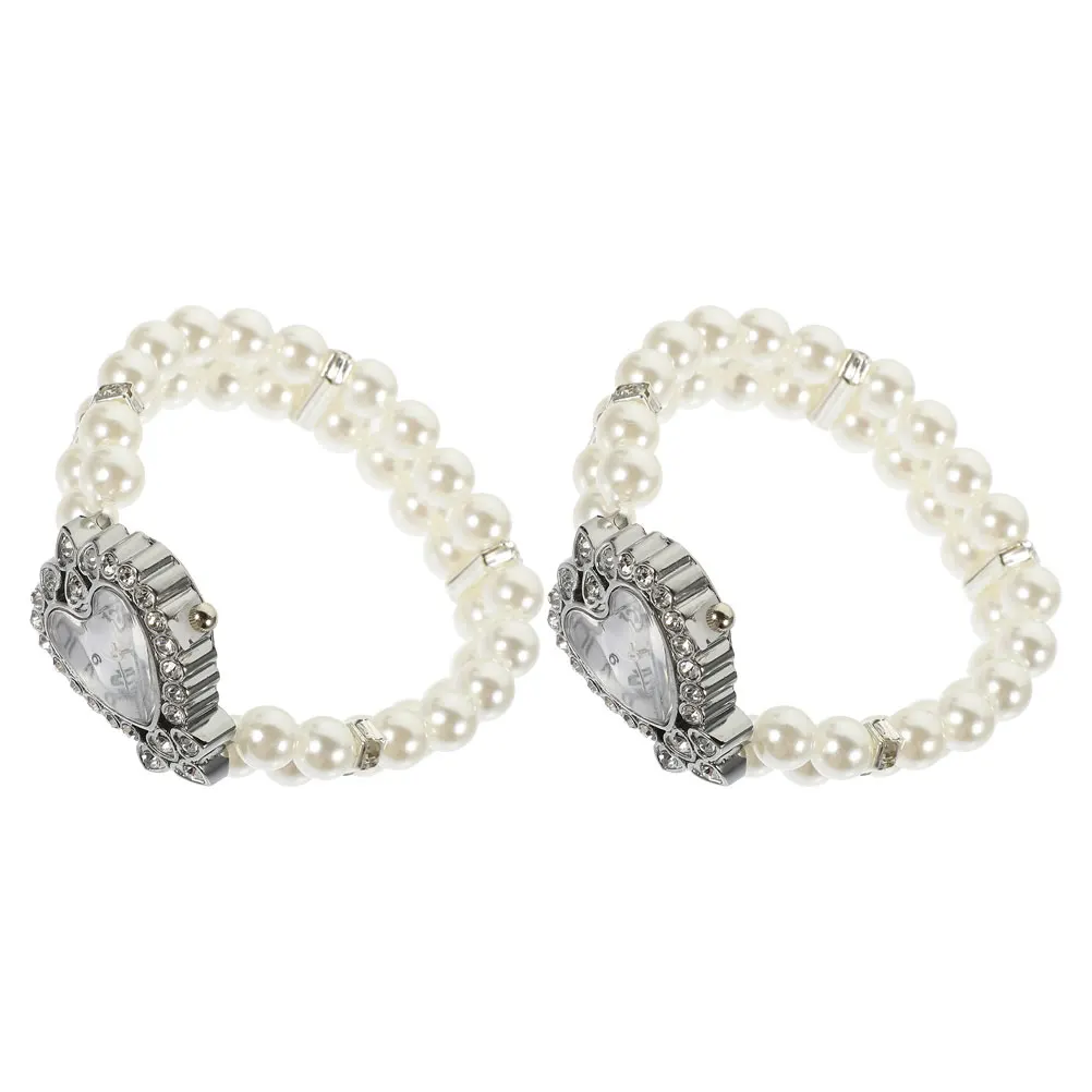 

2Pcs Bracelet Watch Wrist Luxury Elegant Women Heart Watch Shape Crystal Rhinestone Vintage Watches For Women Pearl