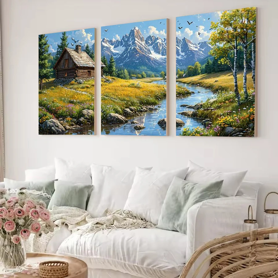 Snowy Mountain Wooden House Scenery Picture Diy Diamond Art Painting Triptych Full Drill Mosaic Embroidery Kits 3 Pieces/Set