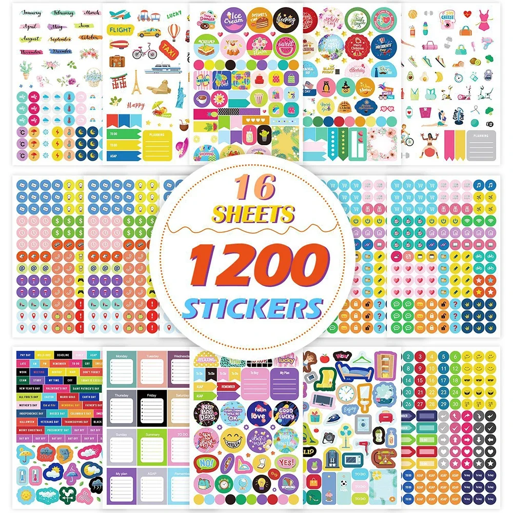 16 Sheets/1200Pcs Planner Sticker DIY Scrapbooking Diary Calendar Handbook Decorative Stickers Stationery