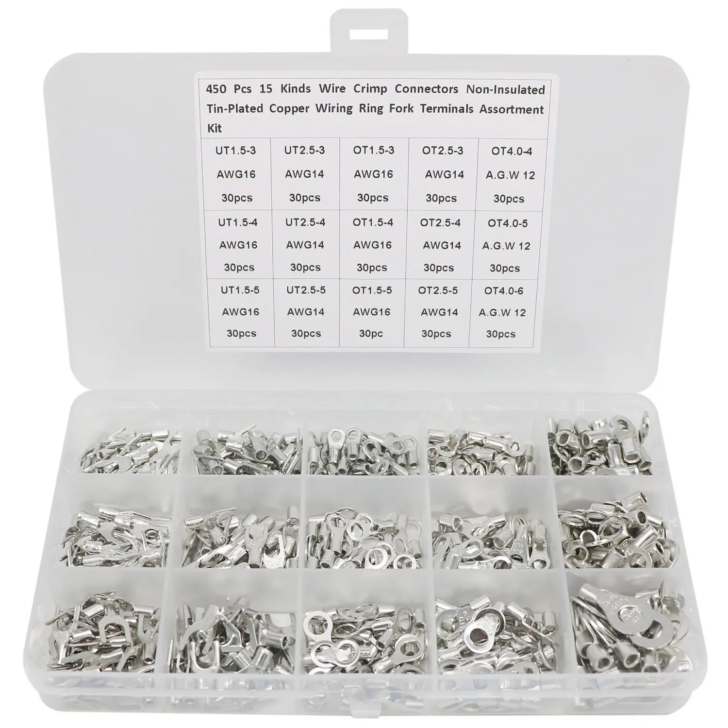 450PCS OT UT Type Cold Press Wire Terminals Assortment Kit 15 in 1 Tin Plated Copper