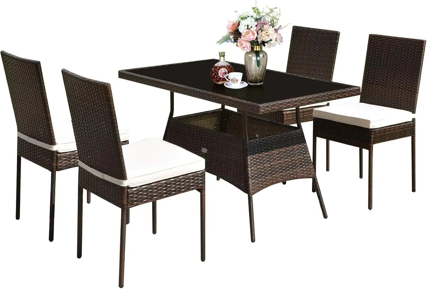 

5 Piece Patio Wicker Dining Set, Outdoor Rattan Table and Chairs with w/Tempered Glass Table Top & Padded Cushions, Wicker P