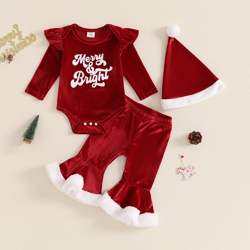 

Infant Baby Girls Christmas Velvet Outfit Long Sleeve Letter Print Romper with Flare Pants and Hat Newborn Xmas Clothes