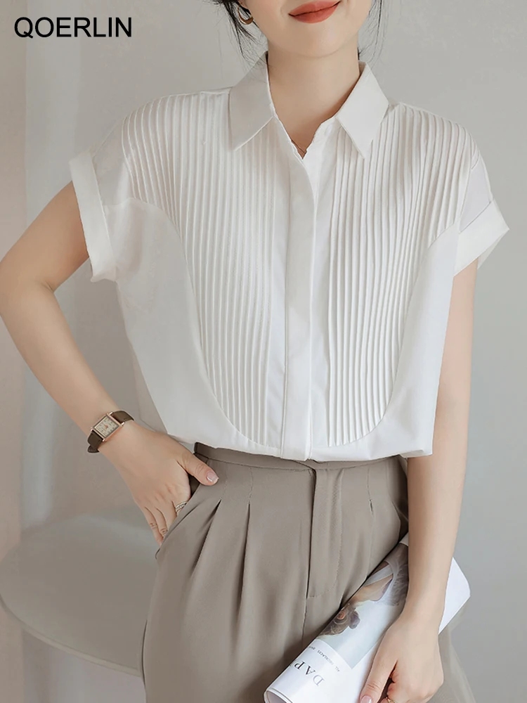 QOERLIN Summer Flying Sleeve White Shirts Women 2023 Turn-Down Collar Single-Breasted Blouse Female OL Elegant Button Up Blouses