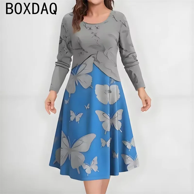 2025 herbst Neue frauen Kleid Lange Ärmeln Rundhals Casual A-line Lose Kleid 3D Vintage Blumen Kleid Vestidos De mujer