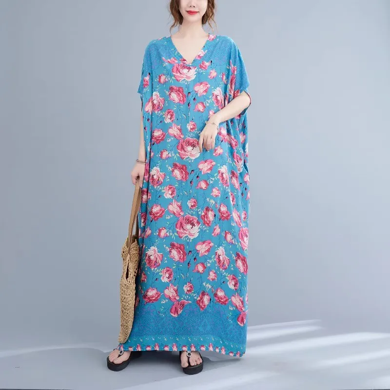 Nightdresses Women Sleepwear Dress Short Sleeve V-Neck Nightgown Plus Size Cotton Silk Nightwear loose Outside Wear