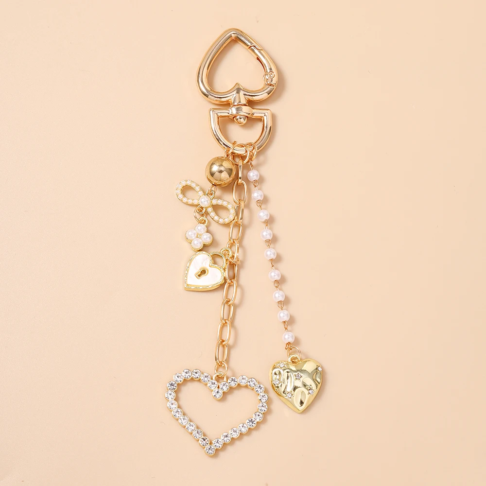 Aihua Goldfarbener Exquisiter Perlen-Kristall-Herz-Schlüsselanhänger, Niedliche Schlüsselanhänger für Frauen und Mädchen, Handtaschenanhänger, Schlüsselketten, DIY-Schmuck – Detail 5