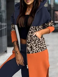 Set Outifits 2023 F/W New Leopard Print Colorblock felpa con cappuccio cappotto e pantaloni con risvolto Set di due pezzi Casual di moda per le donne