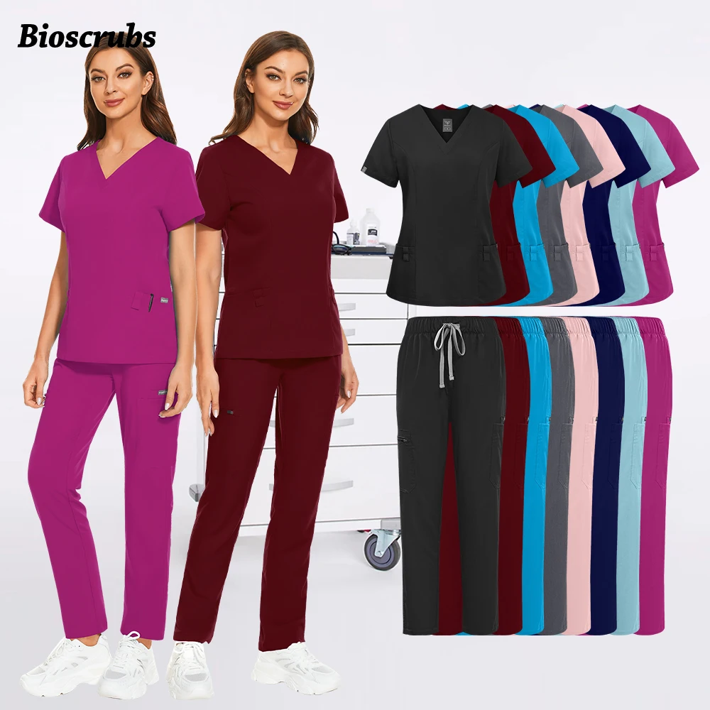 

High Quality Dentist Scrubs Set Medical Nurse Uniforms Women Men Hospital Clinical Doctor Workwear Pockets Straight Pants Outfit