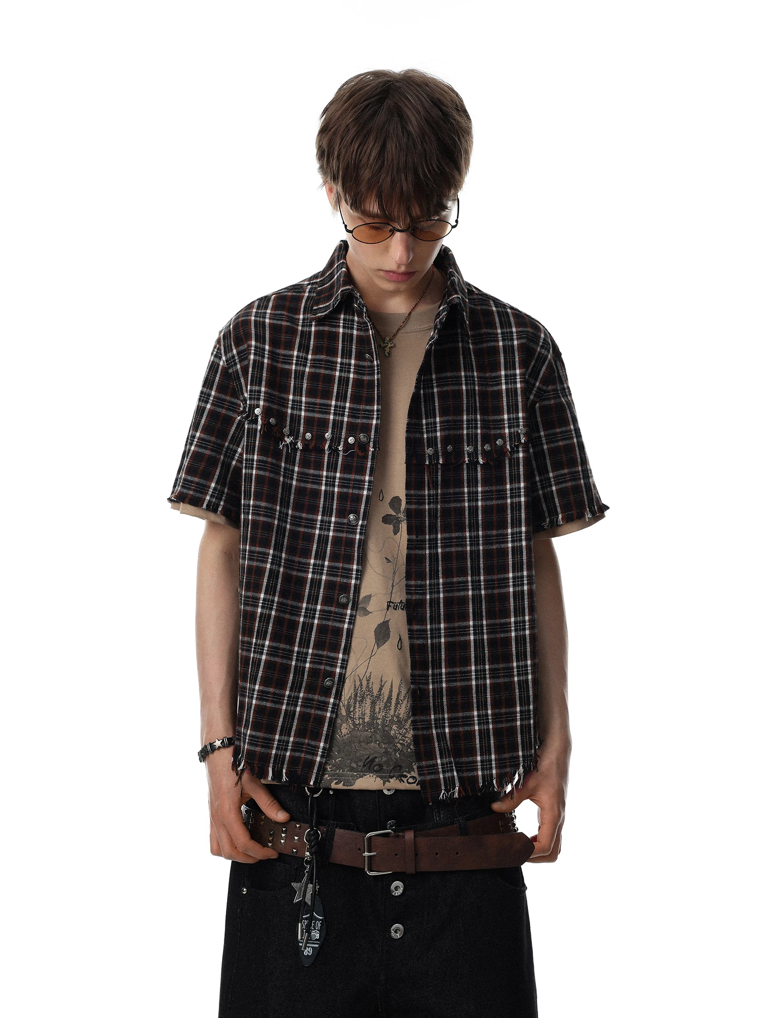 American Retro Plaid Button up Short Sleeve Men's Shirt with Rivet Frayed Design Casual Commute Cotton Shirt Trendy Top