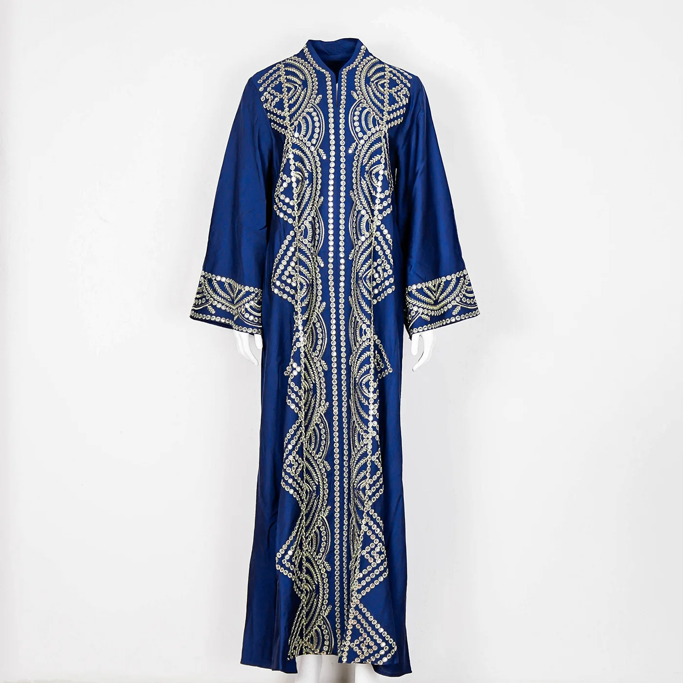 Muslim Women's Blue Robe Sequin Embroidered Abaya Dubai Robe Middle Eastern Evening Dress 2024 Spring Fashion New Casual Dresses