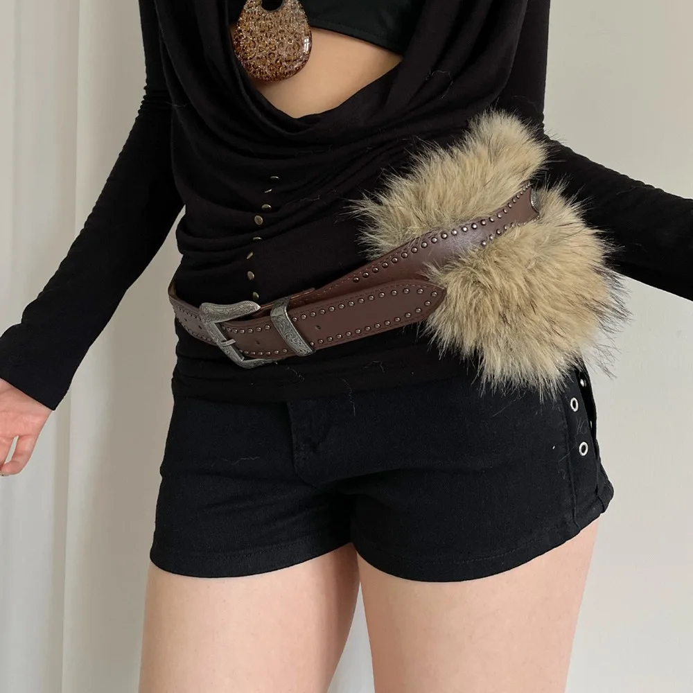 الرجعية العصرية تصميم فو الفراء أحزمة فاسق Y2K برشام حزام كل مباراة فروي الربط حزام أزياء المرأة #4