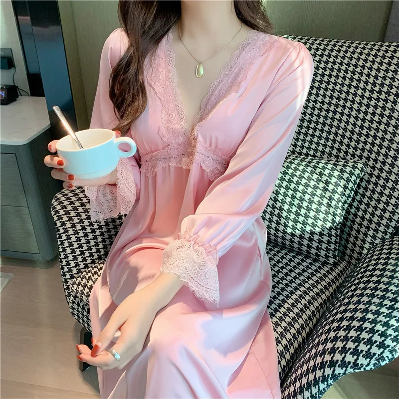 Deep V-Neck Nightgown Sexy Women Satin Sleepwear Palace Nightdress Lingerie Female Kimono Dressing Gown Princess Style Nightwear