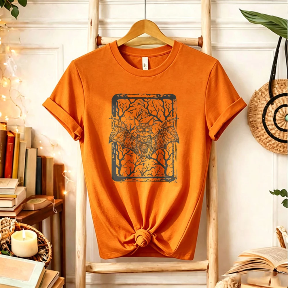 Bat Tarot Card Graphic T‑Shirt Mandala Bat Bare Tree Distressed Rectangular Frame Gothic Dark Art Halloween Witchy Casual Tops