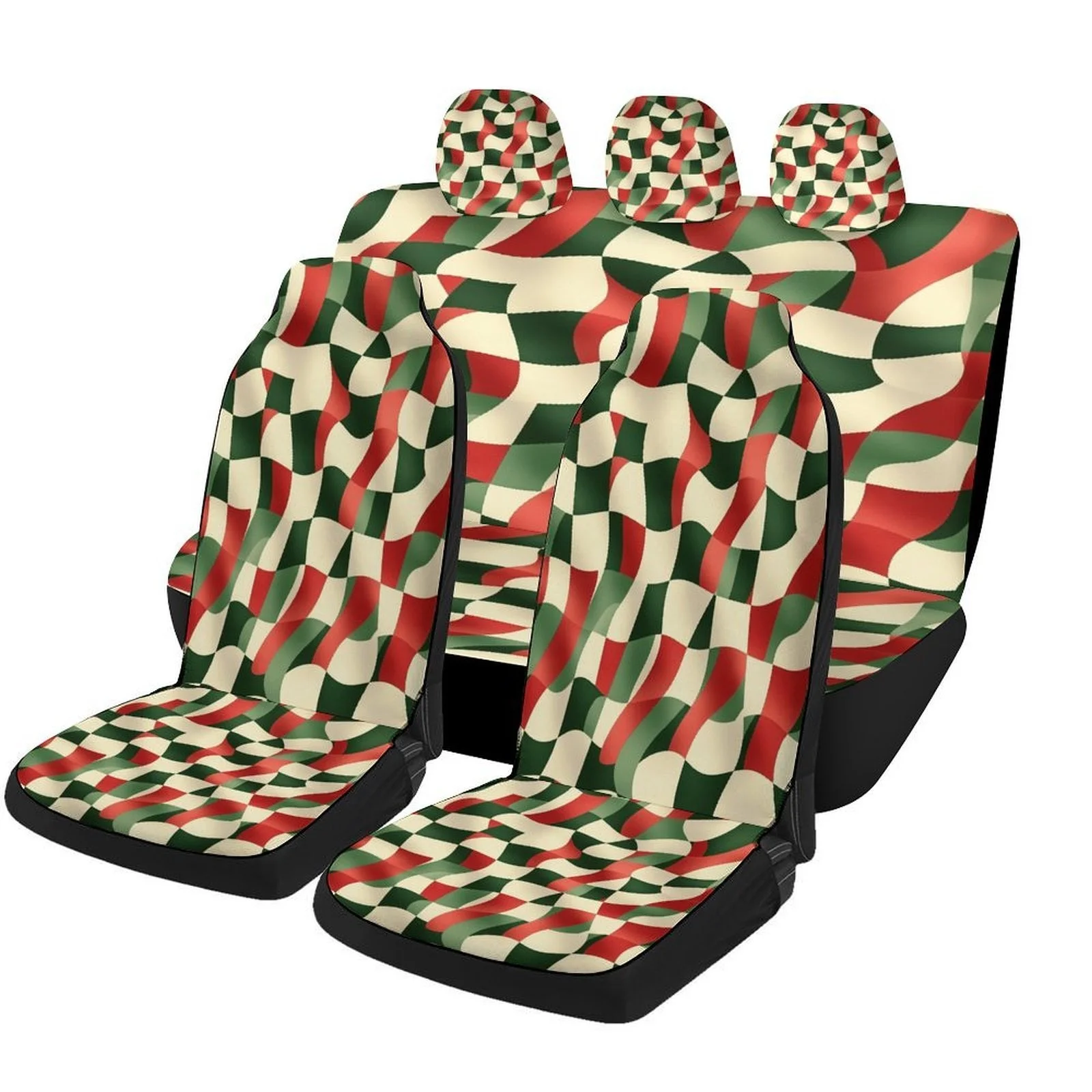 Wavy Checkered Pattern Themed Car Seat Cover Set For Most Cars, Trendy High-quality Car Seat Protector Covers Full Set, Universa