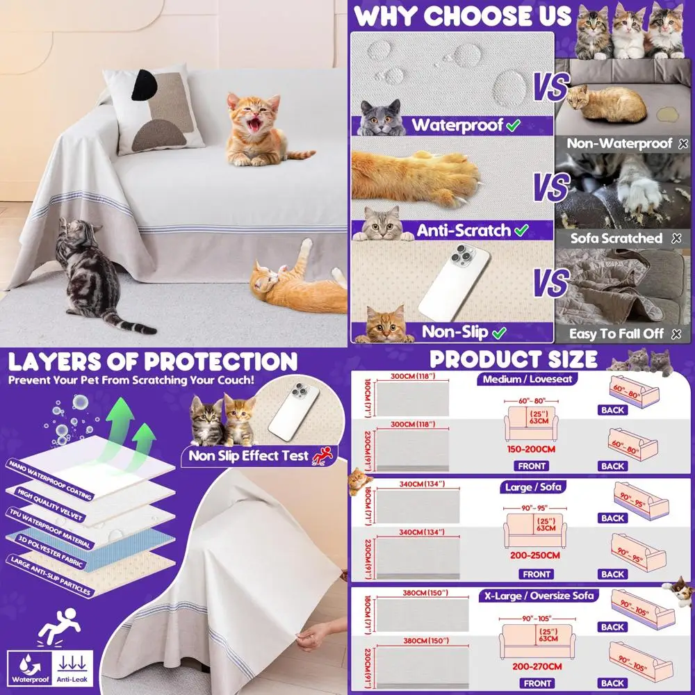 

cat scratch furniture protector - anti-slip, waterproof sofa cover to keep cats off, pet-friendly couch protectors for 3 cushion