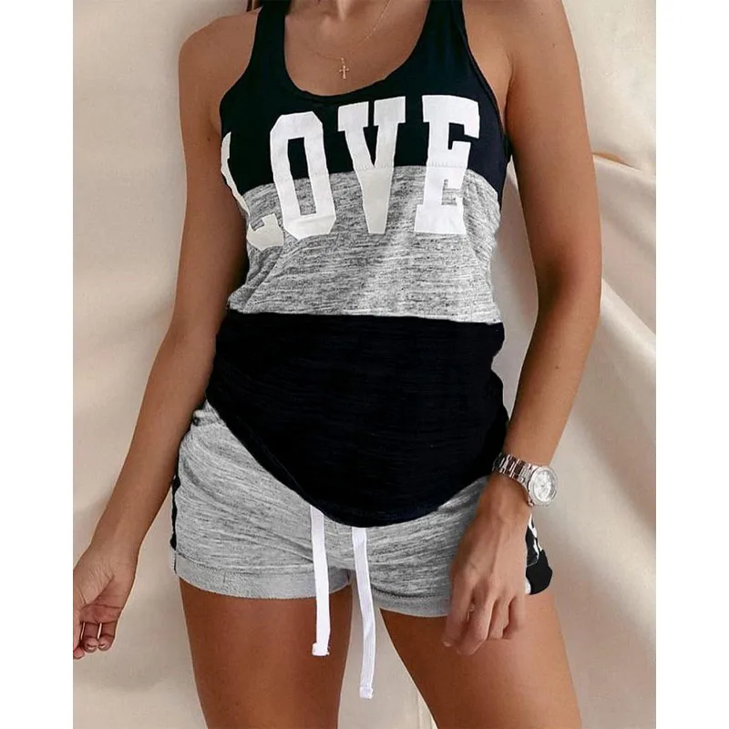 Women\'s Sleepwear Print Sleeveless Cami Shorts Pajamas Home Clothes Sleepwear Set Sexy Stitching Ladies Pajamas Suit