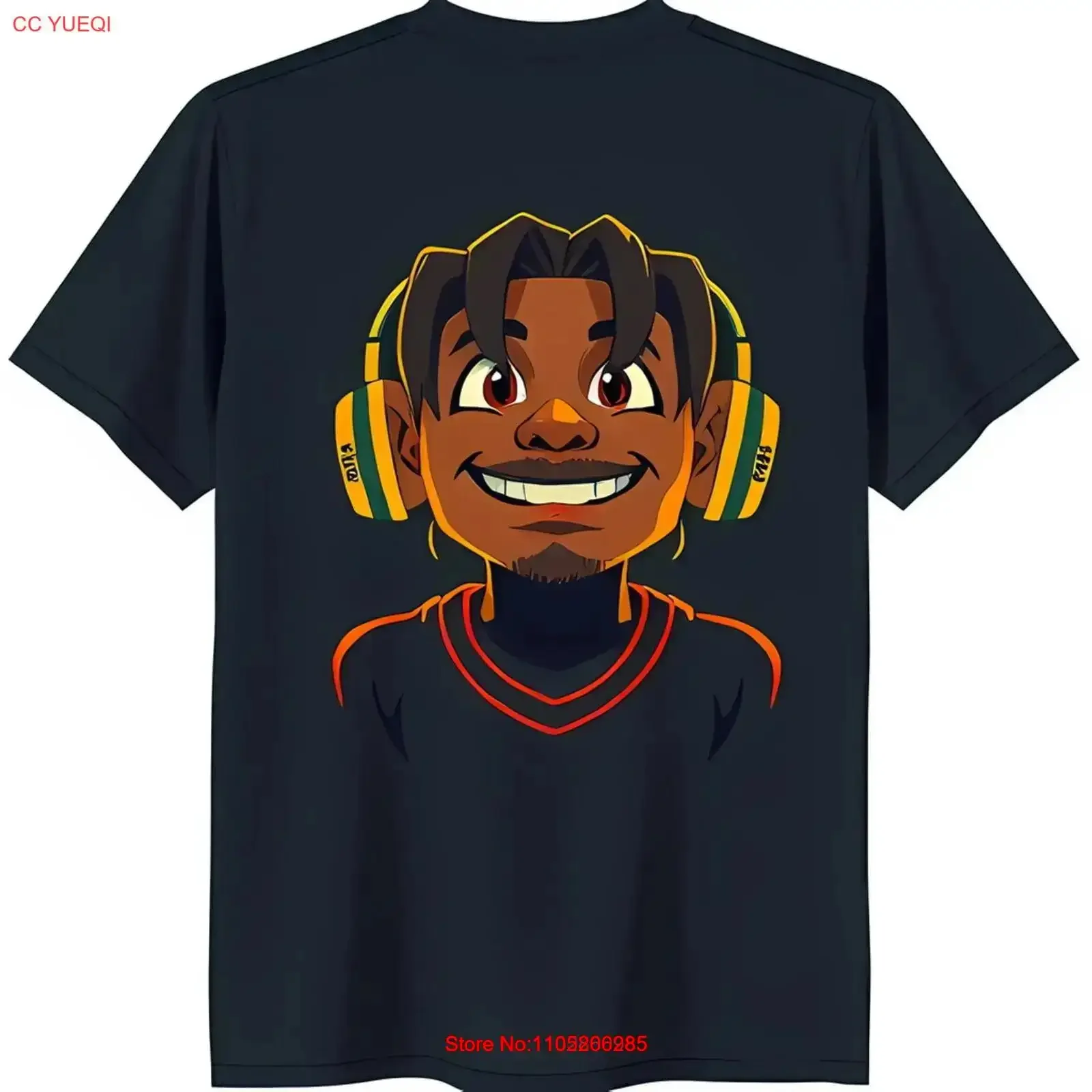 

Colorful Cartoon Young Man with Headphones Black T Shirt Music Lover's vintage Washed Casual Stylish Comfortable