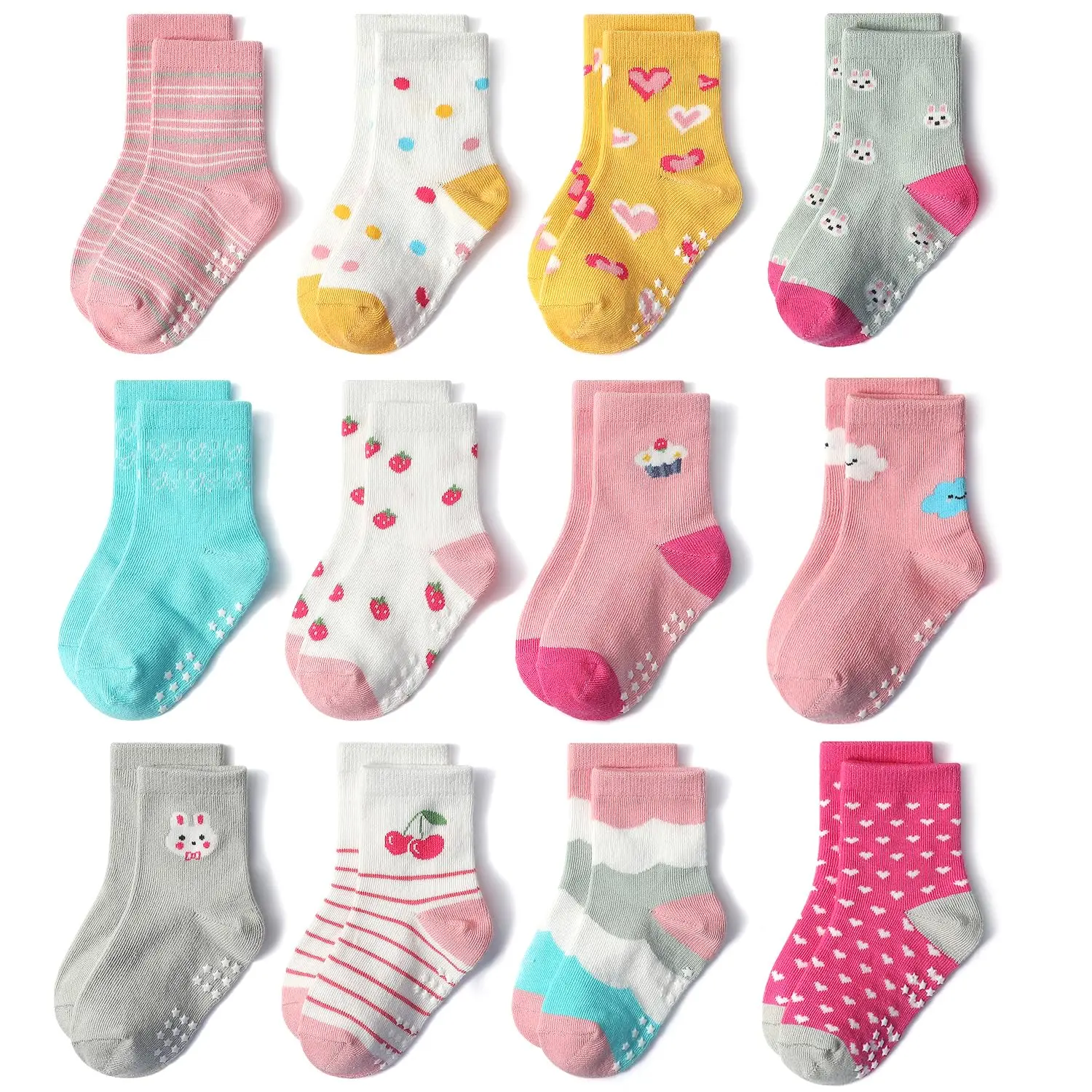 12 pairs of cute strawberry mid-calf non-slip socks for girls aged 0-7, colorful and playful design, with small galaxy dot coati