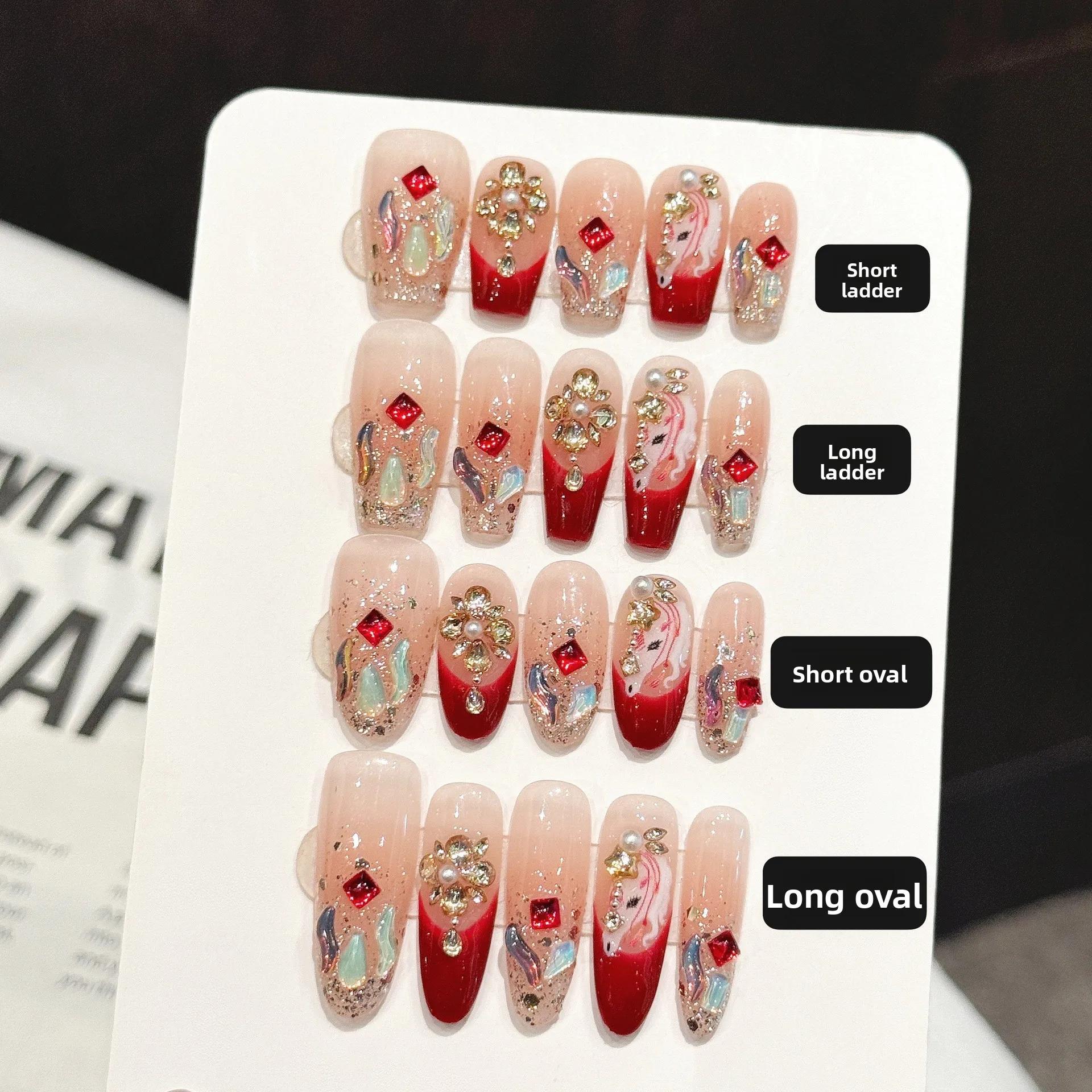 

10 шт. наклеек для дизайна ногтей ручной работы: красные, нежно-розовые, градиентные, люксовые накладные ногти с 4-компонентным набором инструментов и клеевыми полосками для ногтей