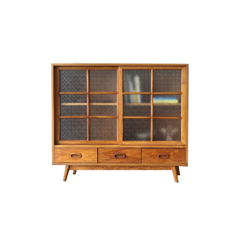 

Side cabinet Wine cabinet Begonia glass Light retro solid wood home Nordic living room storage